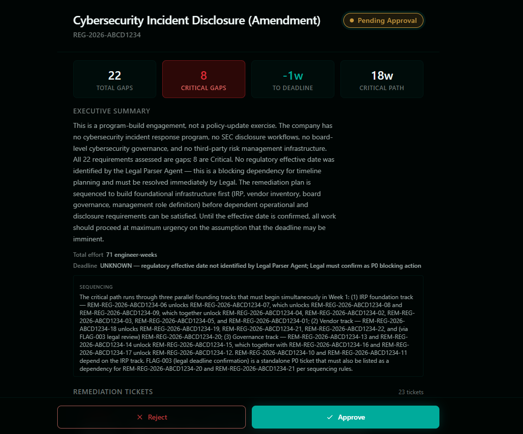 RegIQ review page with executive summary and prioritized remediation tickets